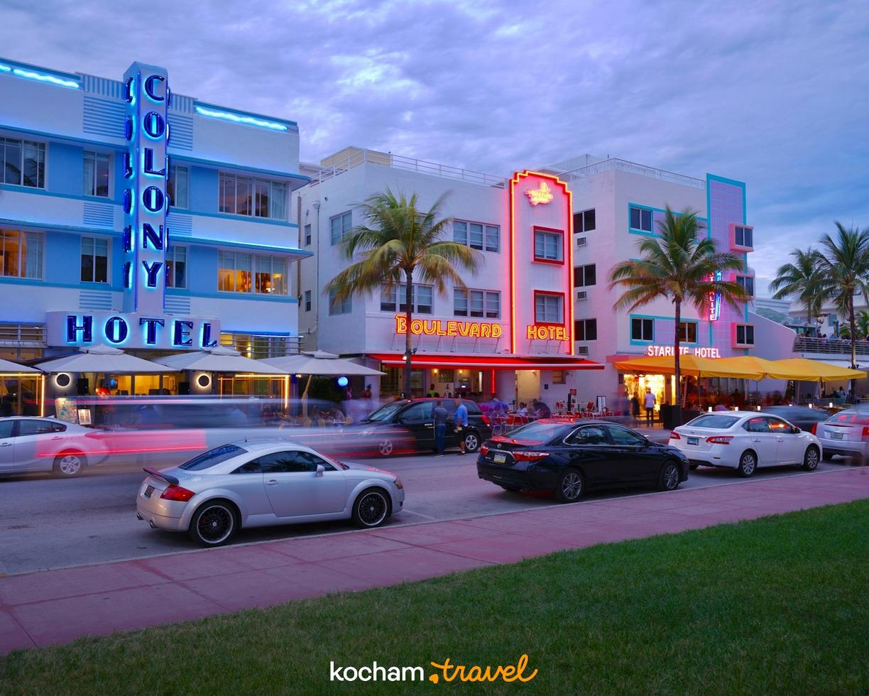 Hotele Art Deco z neonami i palmami na Ocean Drive, Miami Beach wieczorem.