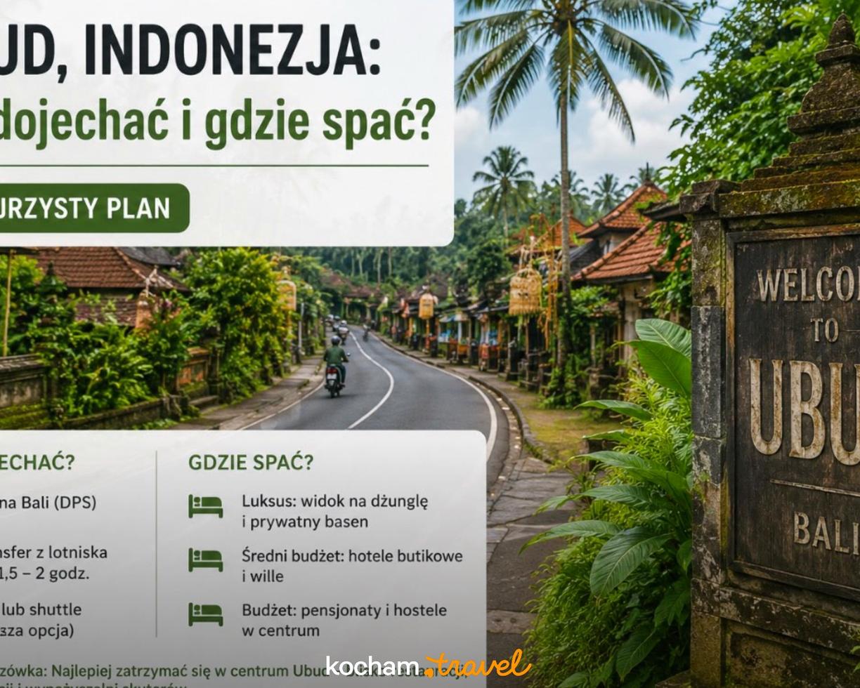Ulica w Ubud, Indonezja, z palmami i tradycyjną balijską architekturą.