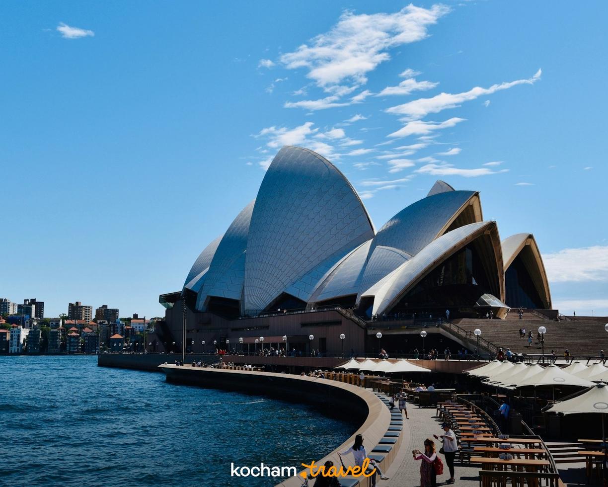 Opera w Sydney, błękitne niebo, nabrzeże z restauracjami.