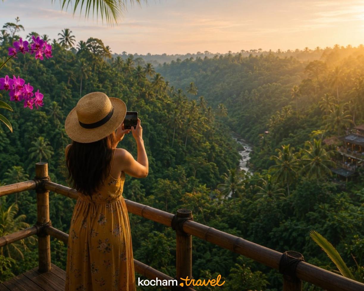 Kobieta w kapeluszu fotografuje bujną tropikalną dolinę w złotym świetle.