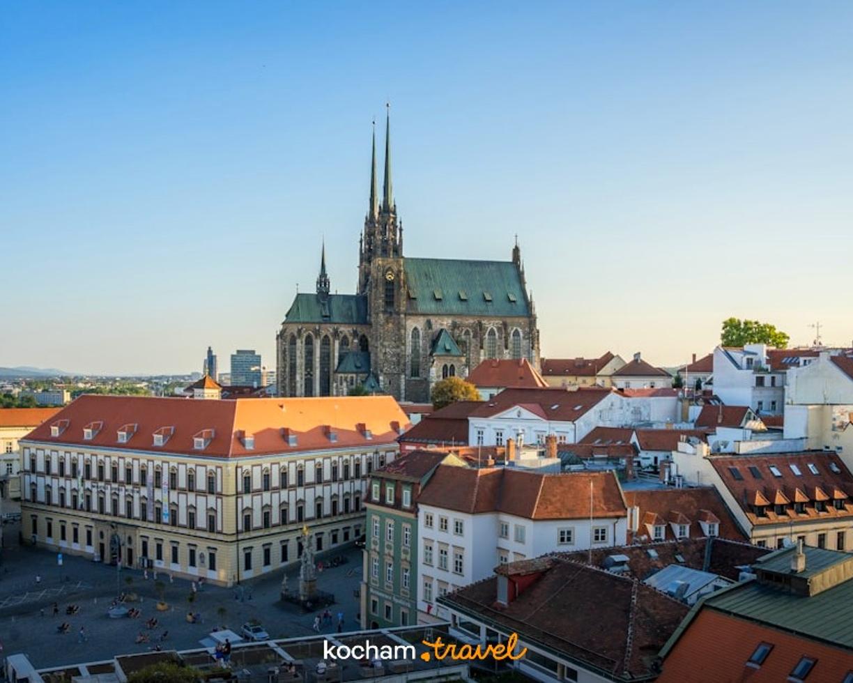 Panorama Brna z Katedrą Petrov, zabytkowa architektura, słoneczny dzień.