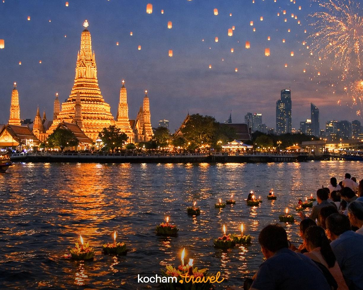 Ilustracja do tematu: Tajlandia. Jak samemu zorganizować wyjazd na festiwal Loy Krathong w Bangkoku? Terminy, logistyka i najlepsze miejsca nad rzeką Menam.