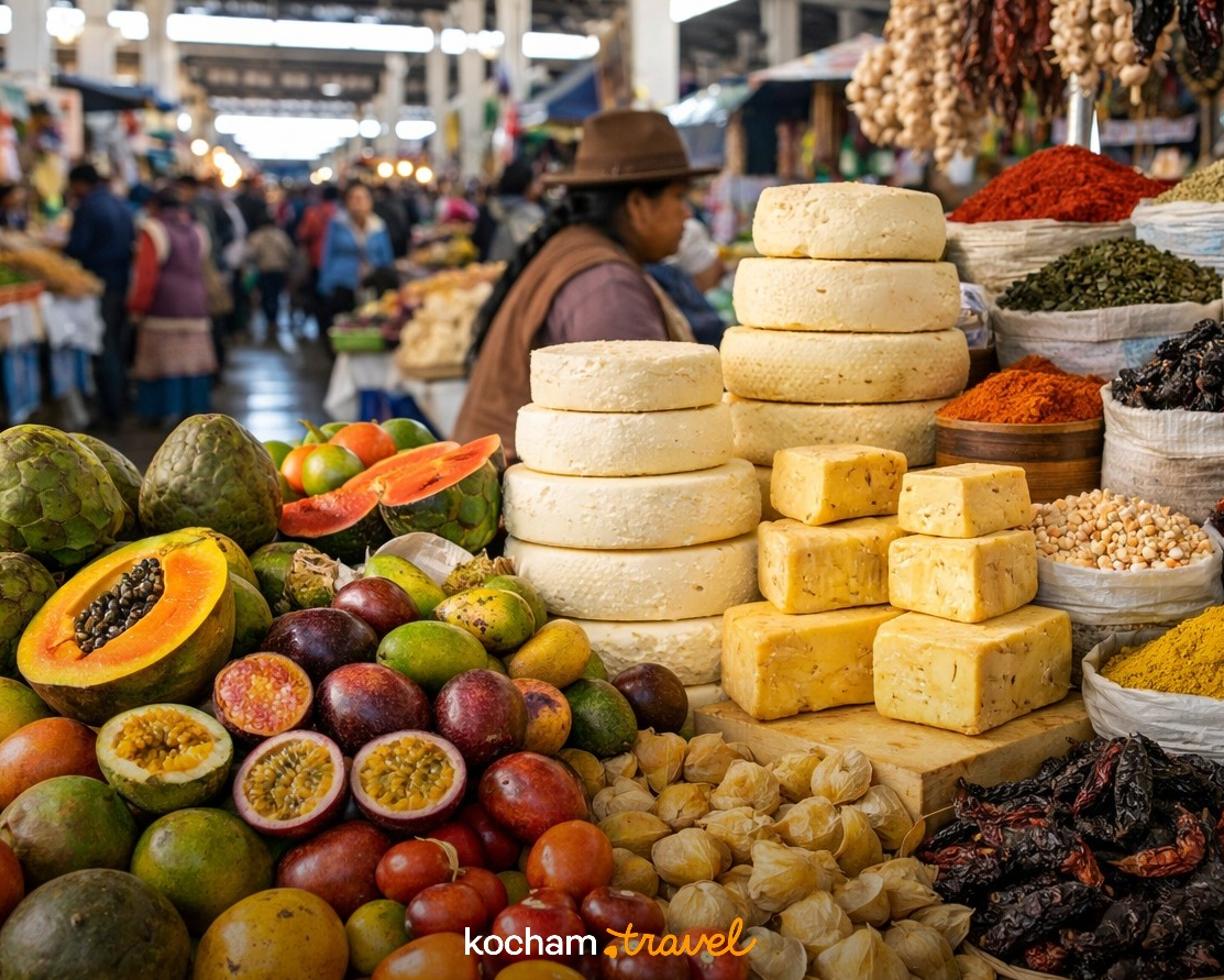 Ilustracja do tematu: Peru. Mercado San Pedro w Cusco: kulinarna podróż przez andyjskie owoce, sery i lokalne przyprawy.