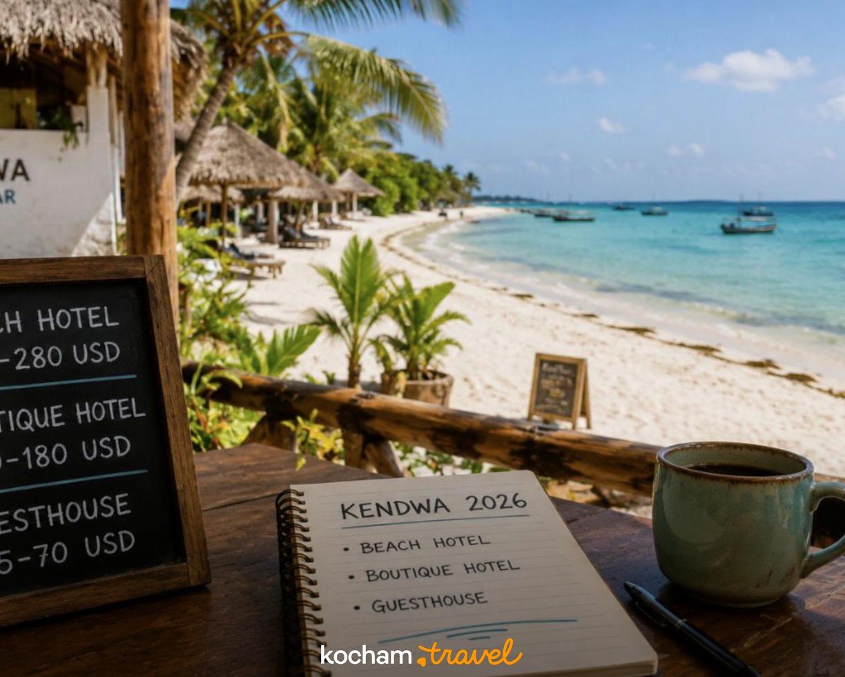Ceny hoteli Kendwa Zanzibar 2026, planowanie podróży na plaży.