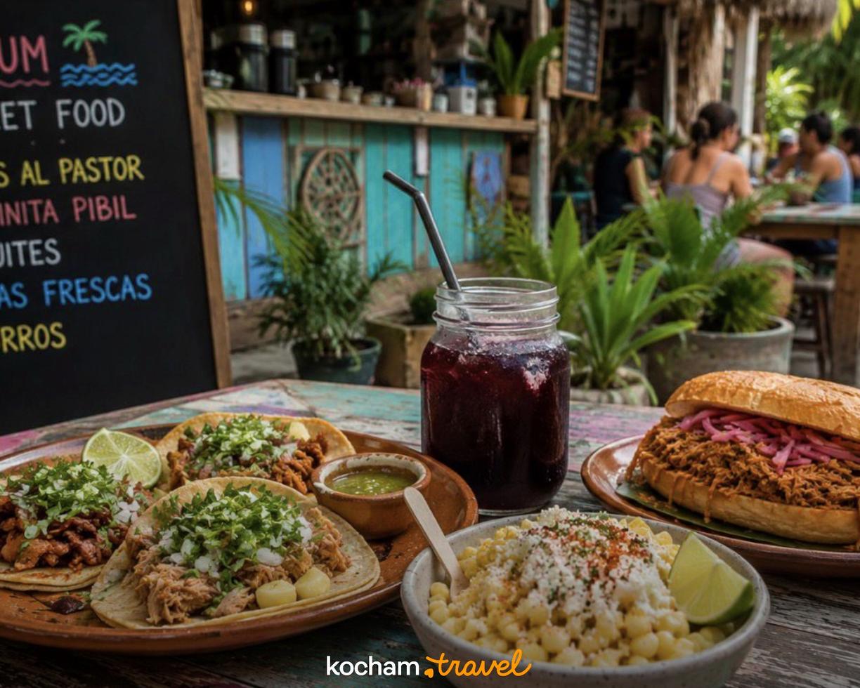 Meksykańskie jedzenie uliczne: tacos, torta, esquites w Tulum.