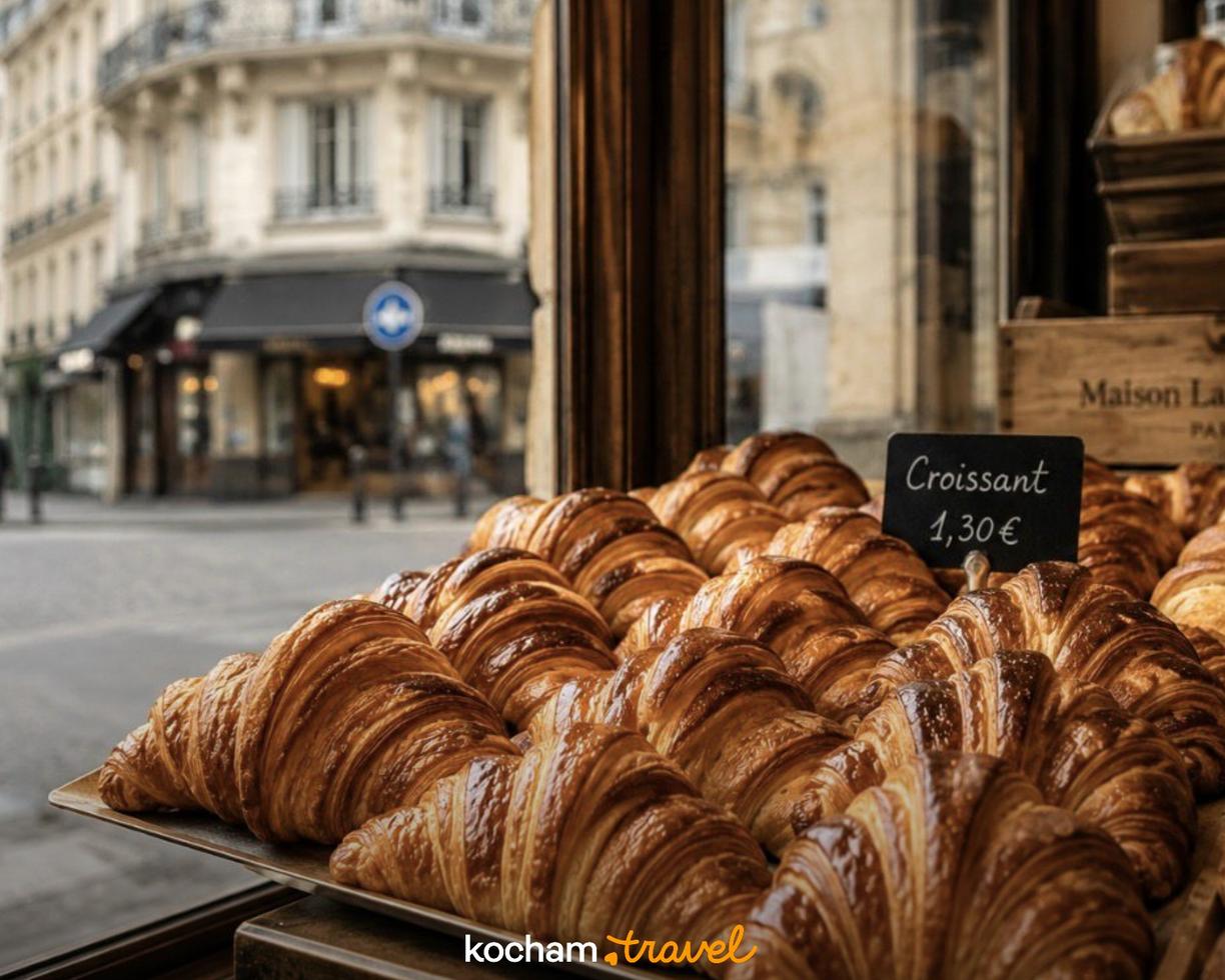 Paryskie croissanty w witrynie piekarni z Wieżą Eiffla w tle.