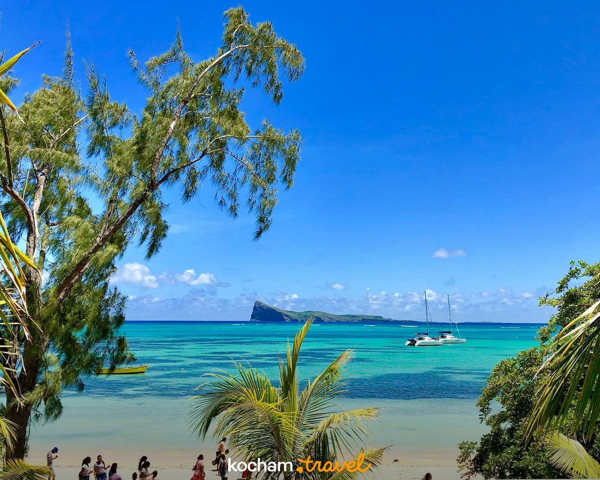 Malownicza plaża na Mauritiusie z turkusowym oceanem i palmami.