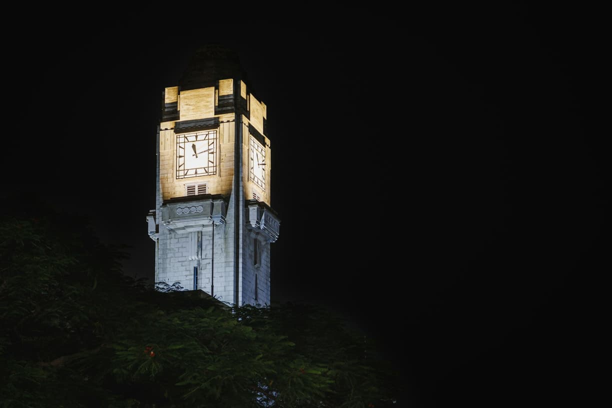 Oświetlona wieża zegarowa na tle ciemnego nocnego nieba, z drzewami.