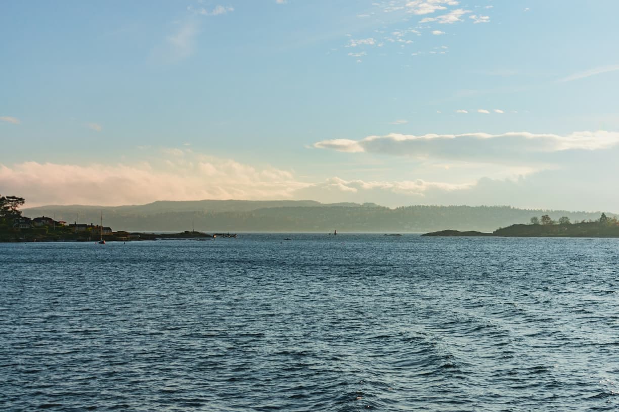 Błękitny fiord z domami, małymi wyspami i odległymi zalesionymi wzgórzami.