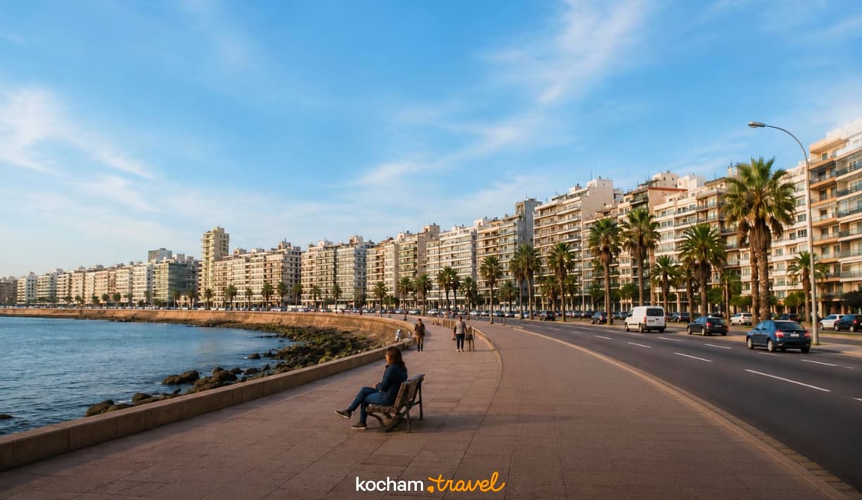 Nadbrzeżna promenada z budynkami, palmami i widokiem na ocean.