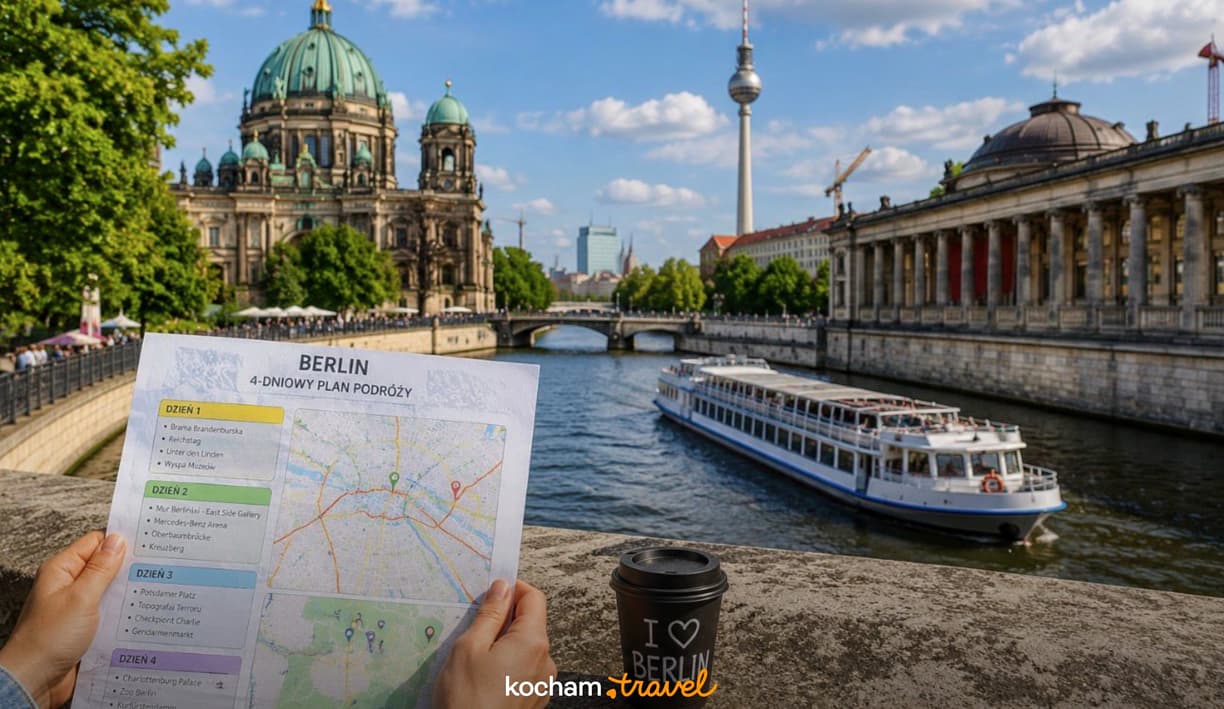 Plan podróży po Berlinie z Katedrą, Wieżą TV i rzeką Sprewą.