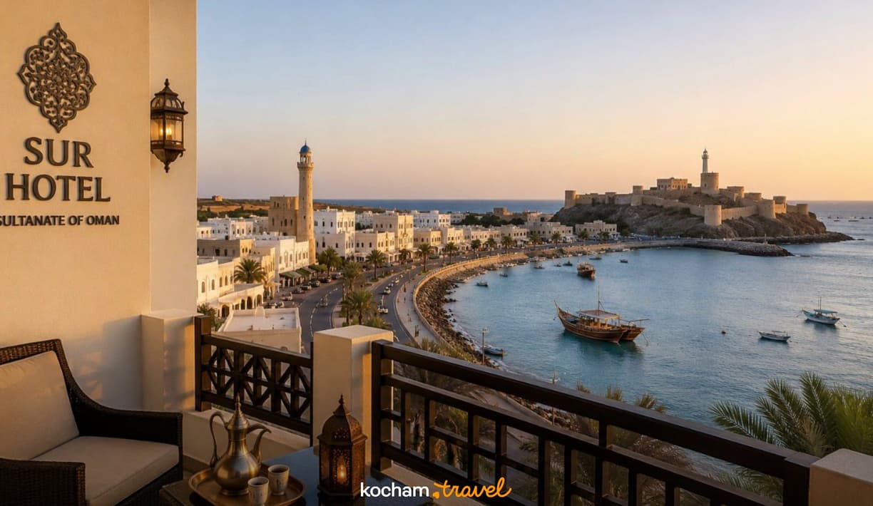 Oman, Sur: widok z Sur Hotel na miasto, zatokę i fort.