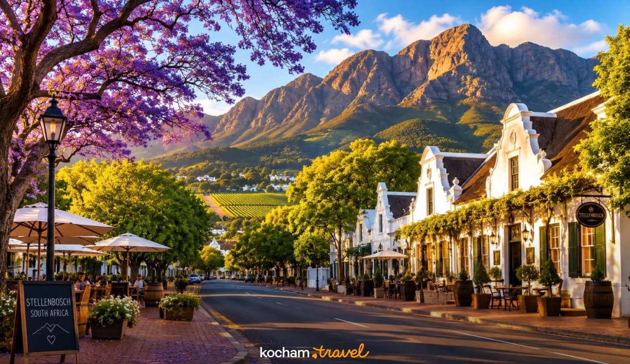 Ulica Stellenbosch z drzewami jakarandy, budynkami Cape Dutch, górami i winnicami.