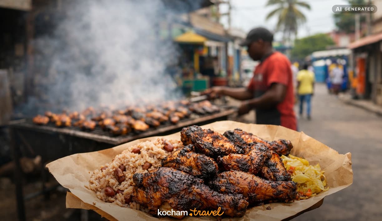 Ilustracja do tematu: Jamajka. Sekrety jerk chicken w Kingston: jak tradycyjne wędzenie mięsa kształtuje uliczne smaki stolicy.