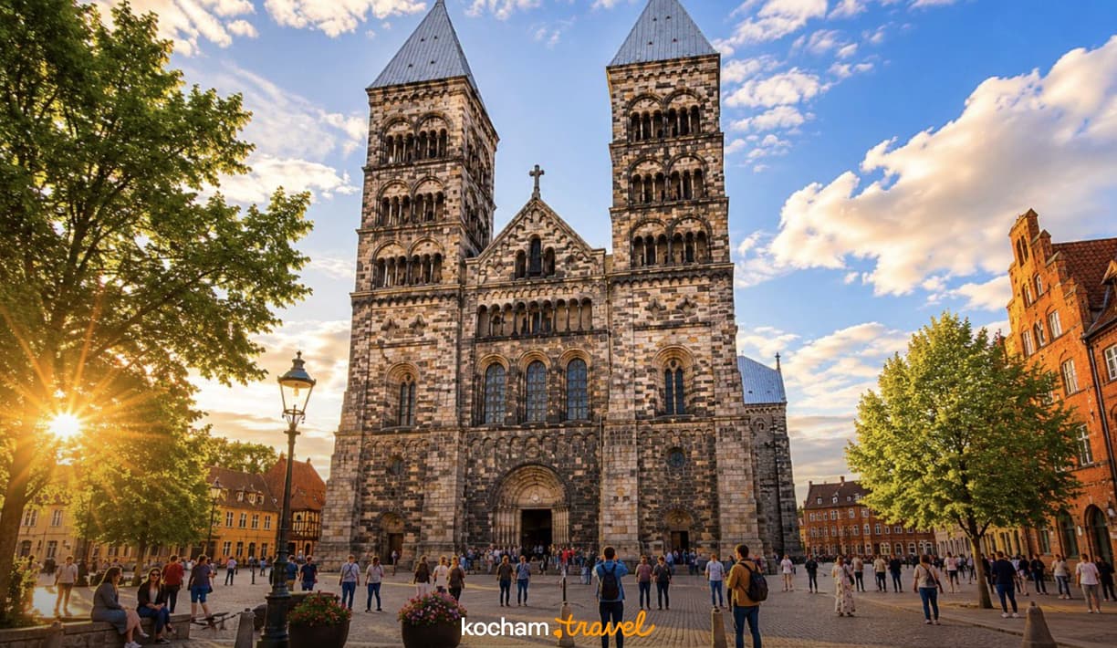 Historyczna Katedra w Lund, plac tętniący życiem w świetle zachodzącego słońca.