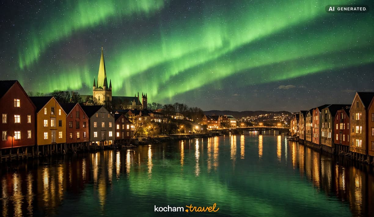 Ilustracja do tematu: Gotowy pomysł na urlop w Norwegii i jesienne polowanie na zorzę polarną w Trondheim