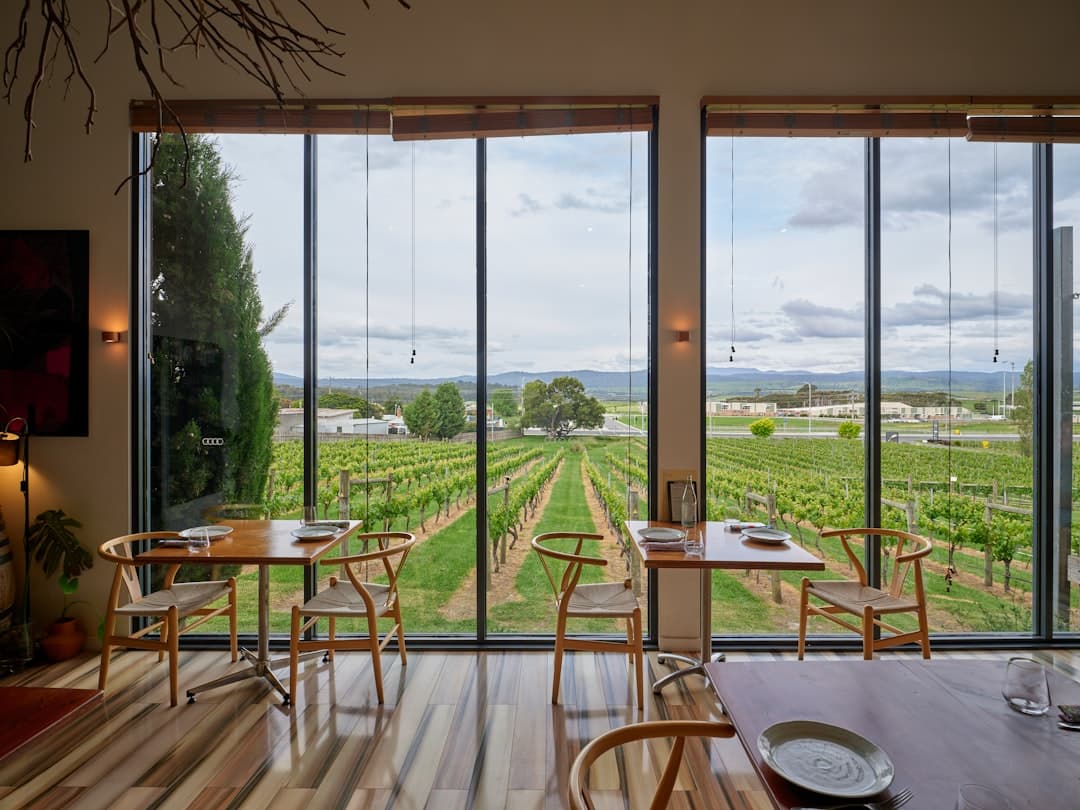 Wnętrze nowoczesnej restauracji z panoramicznym widokiem na winnicę.