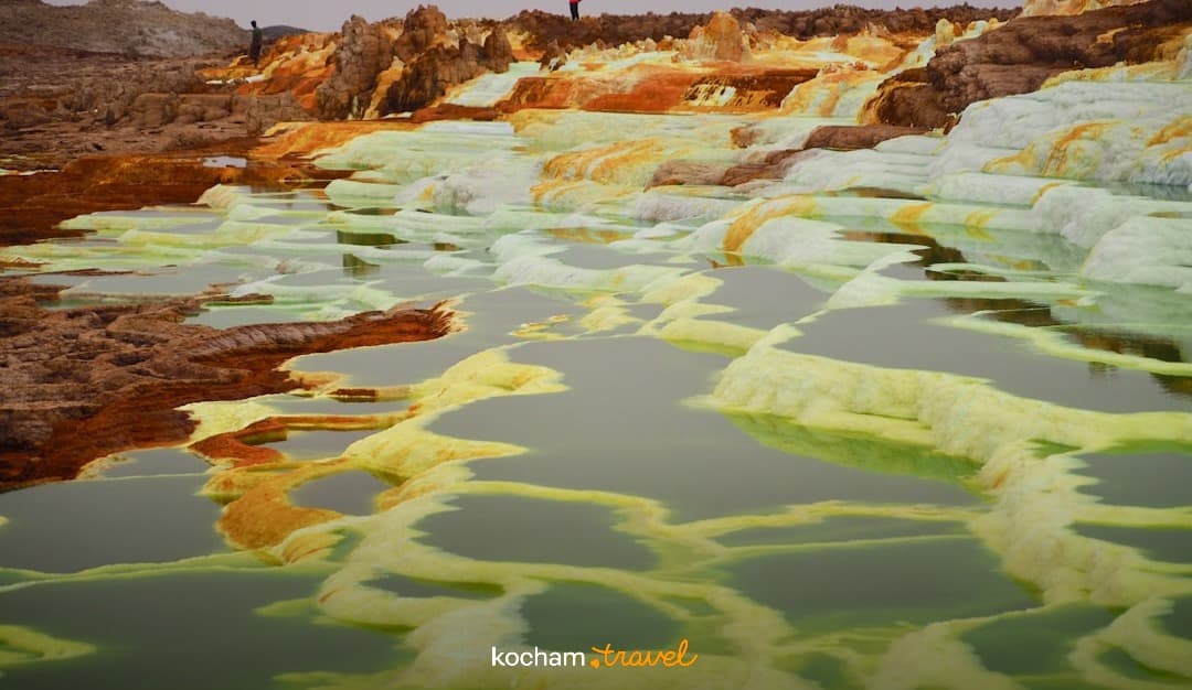 Kolorowy geotermalny krajobraz Dallol w Etiopii z mineralnymi basenami.