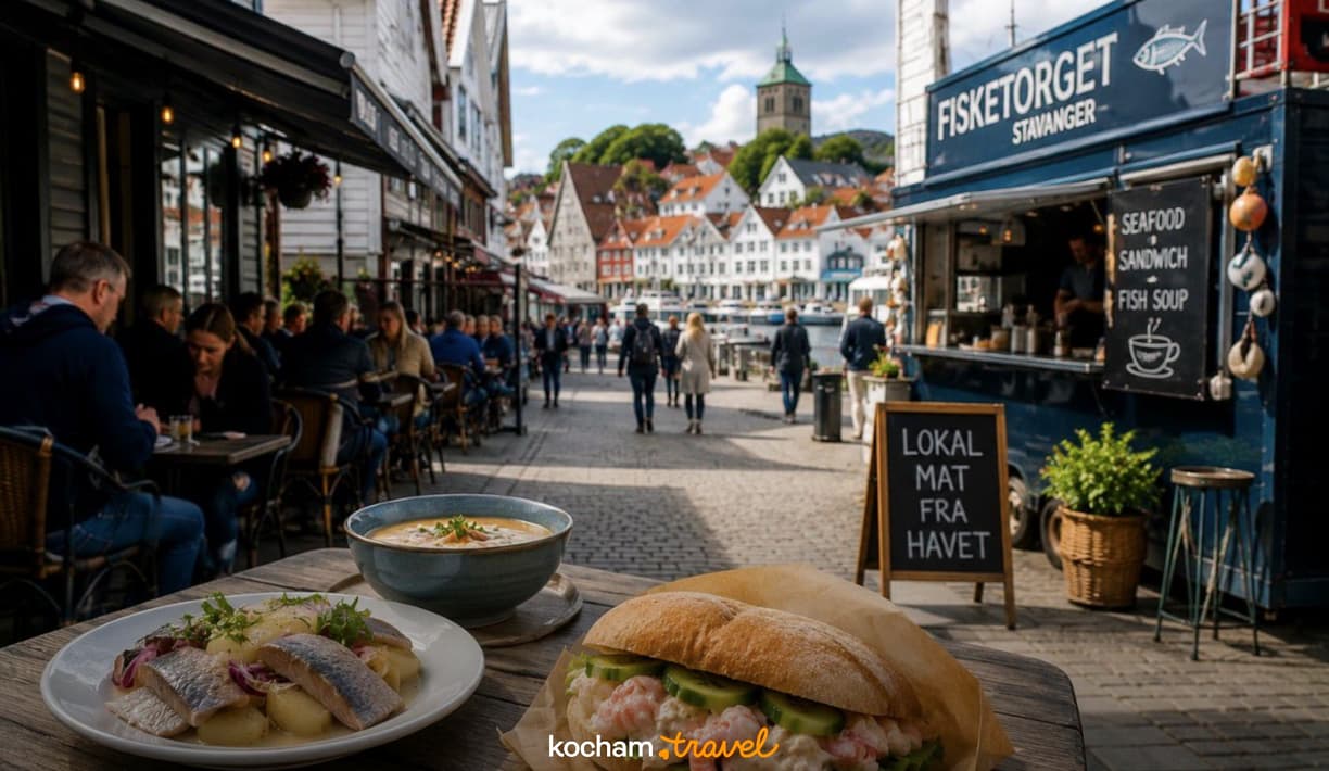 Degustacja lokalnych owoców morza na urokliwej ulicy Stavanger, Norwegia.
