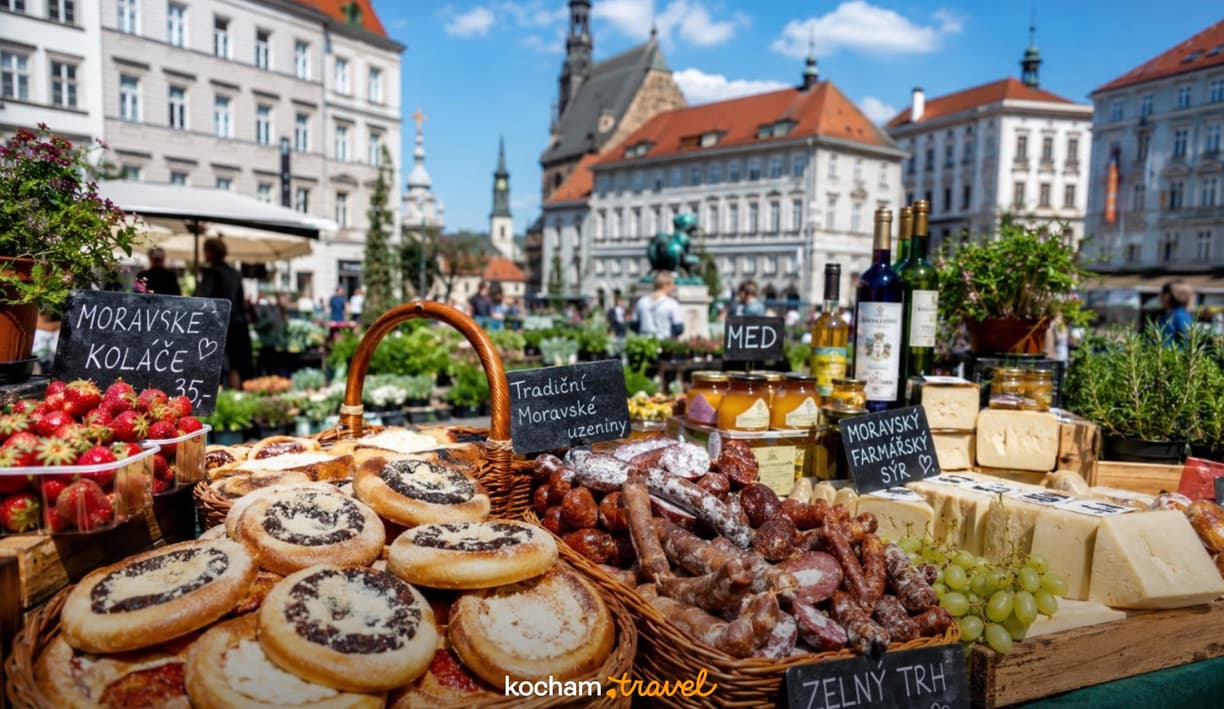 Morawski targ w Brnie oferujący regionalne produkty: sery, wędliny, wypieki.