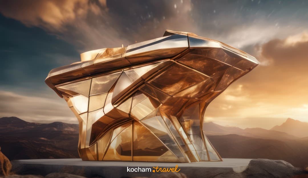 Złota futurystyczna architektura na tle pustynnych gór o zachodzie słońca.