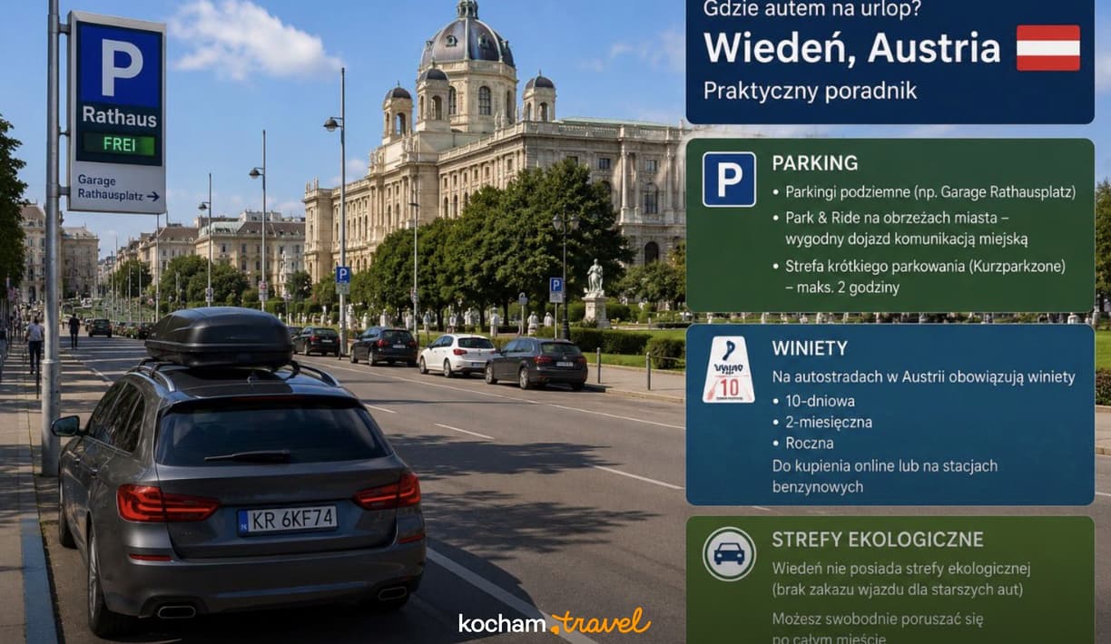 Wiedeń: samochód turystyczny z boxem dachowym na ulicy przy Rathaus.