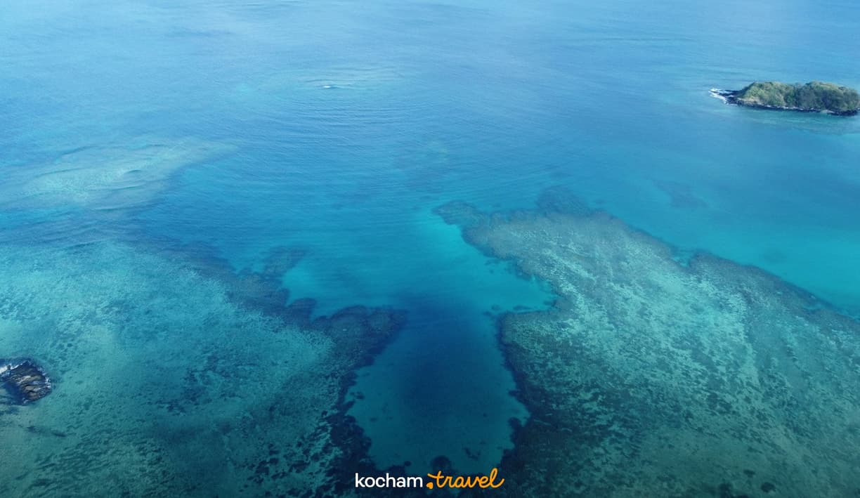 Turkusowy ocean z widocznymi rafami koralowymi i zalesioną wyspą.