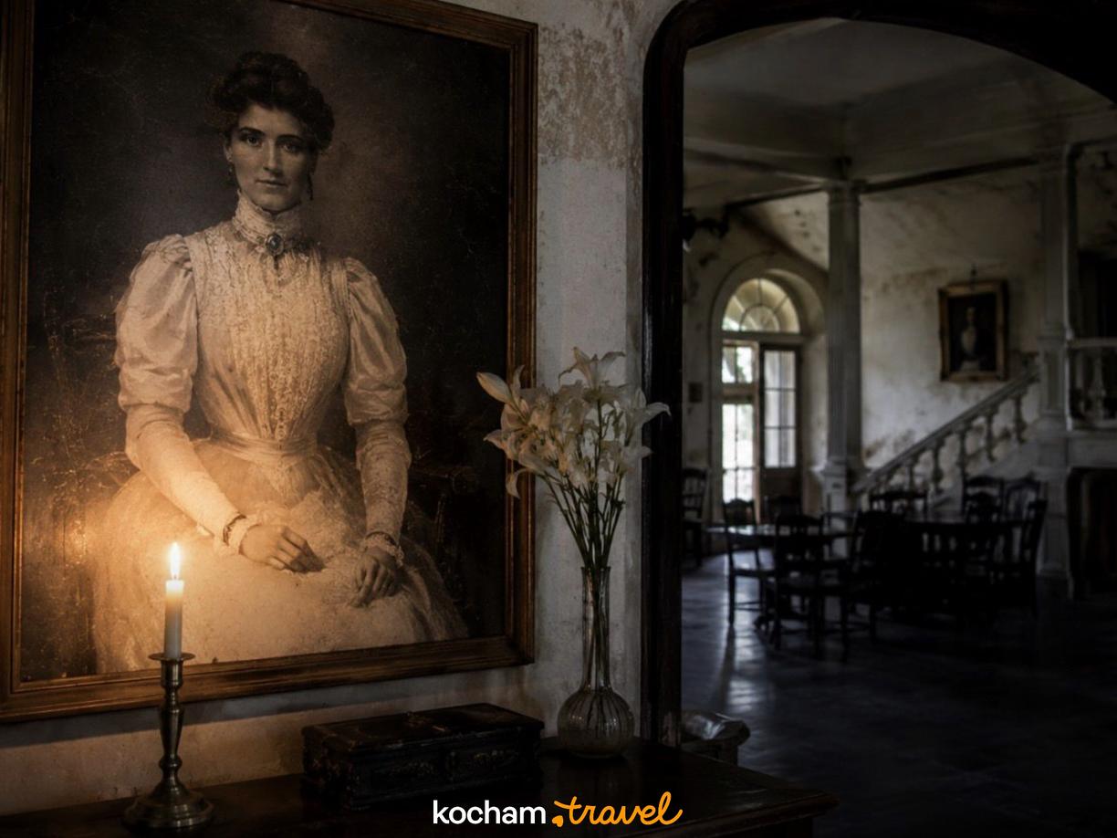 Portret damy oświetlony świecą w zabytkowym, opuszczonym wnętrzu pałacowym.