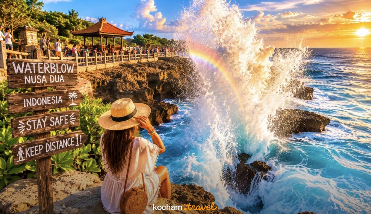 Spektakularne fale Waterblow Nusa Dua z tęczą o zachodzie słońca.