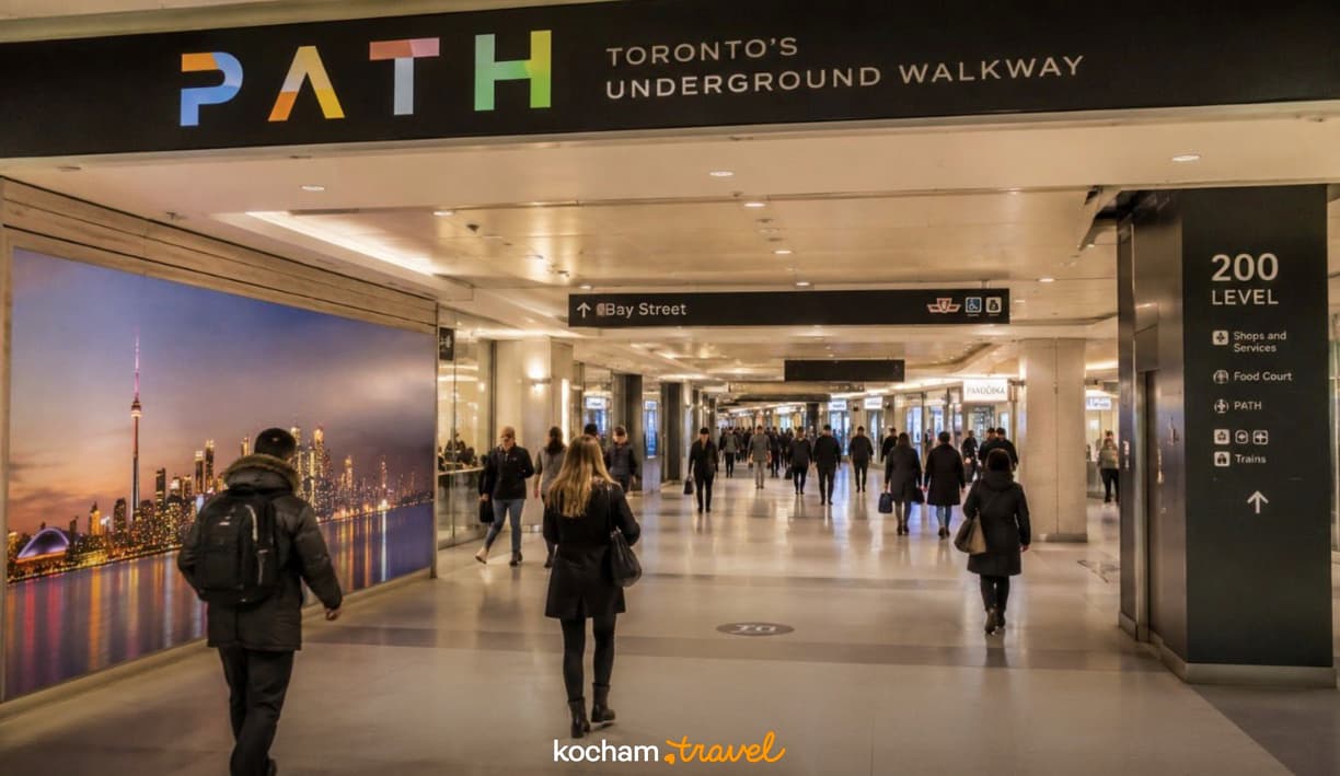 Podziemny pasaż PATH w Toronto ze sklepami i spacerującymi ludźmi.