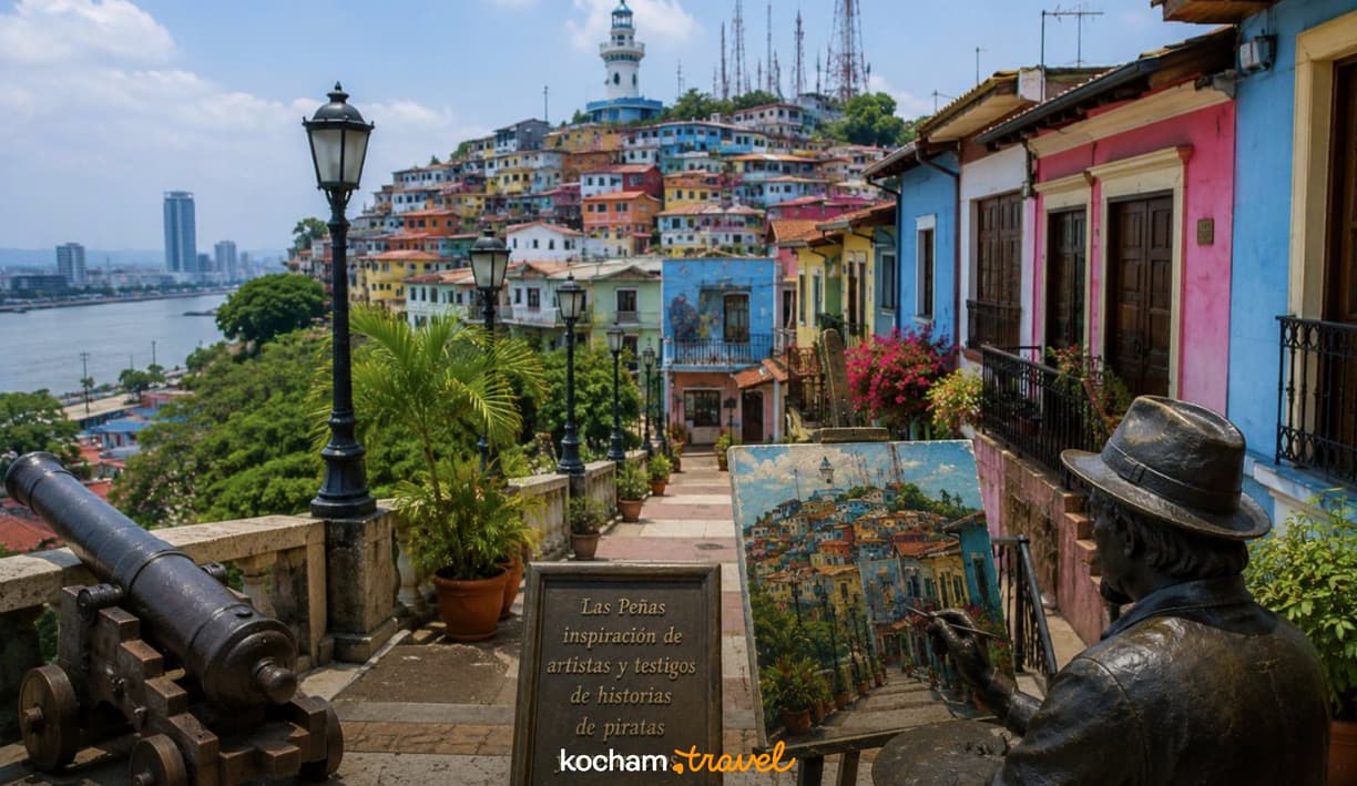 Artysta maluje kolorowe domy Las Peñas i latarnię morską w Guayaquil.
