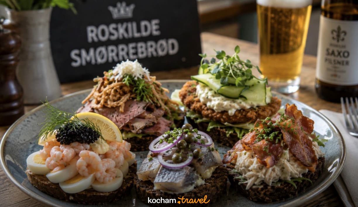 Pięć wykwintnych duńskich kanapek smørrebrød z różnymi dodatkami na talerzu.