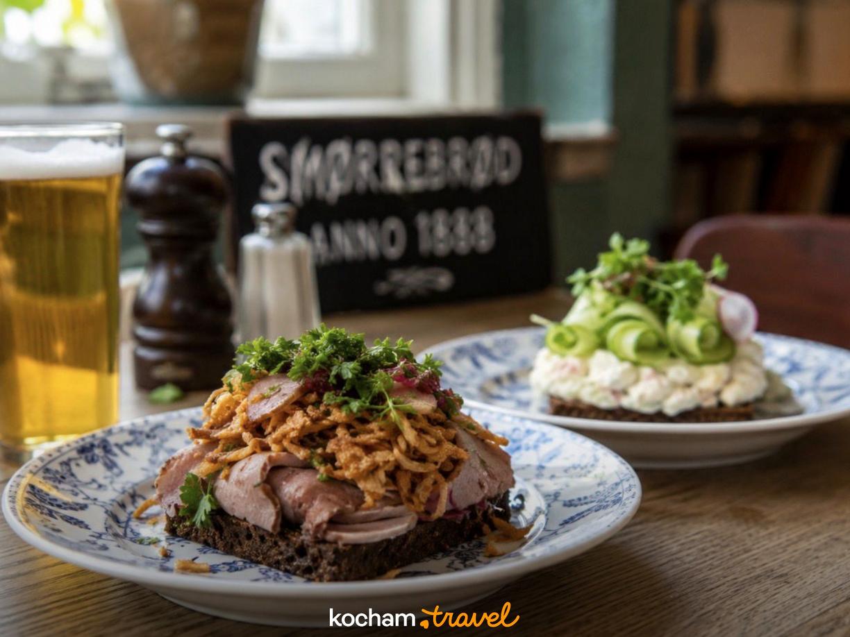 Duńskie smørrebrød z wołowiną, chrupiącą cebulką, ogórkiem i piwem.