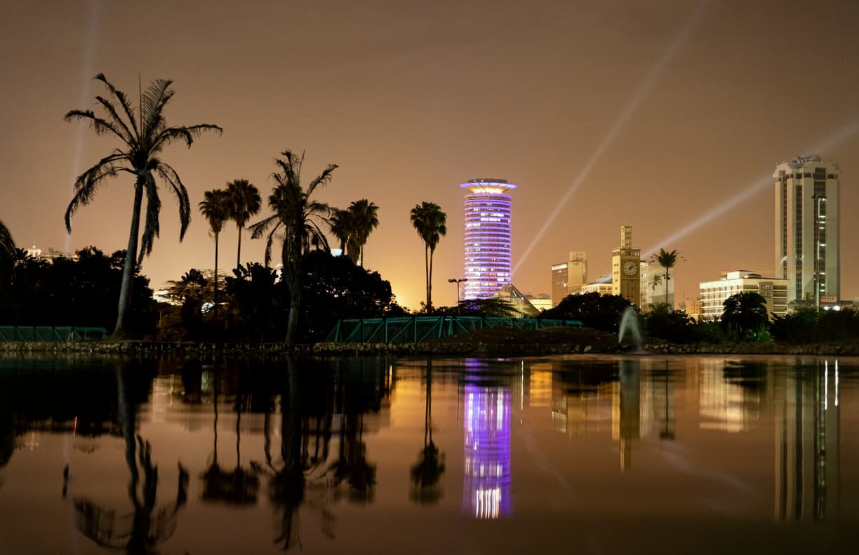 Nocna panorama Nairobi z podświetlonymi budynkami i palmami.