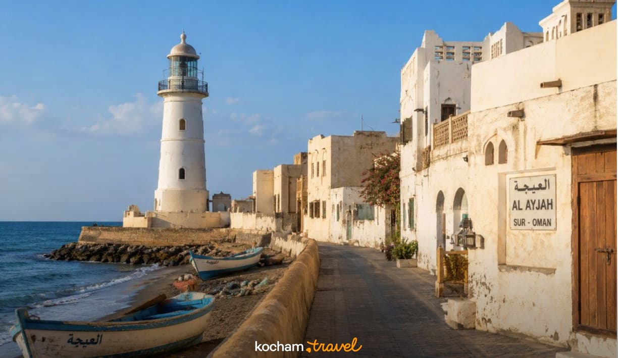 Biała latarnia, tradycyjne domy i łodzie na plaży w Sur, Oman.