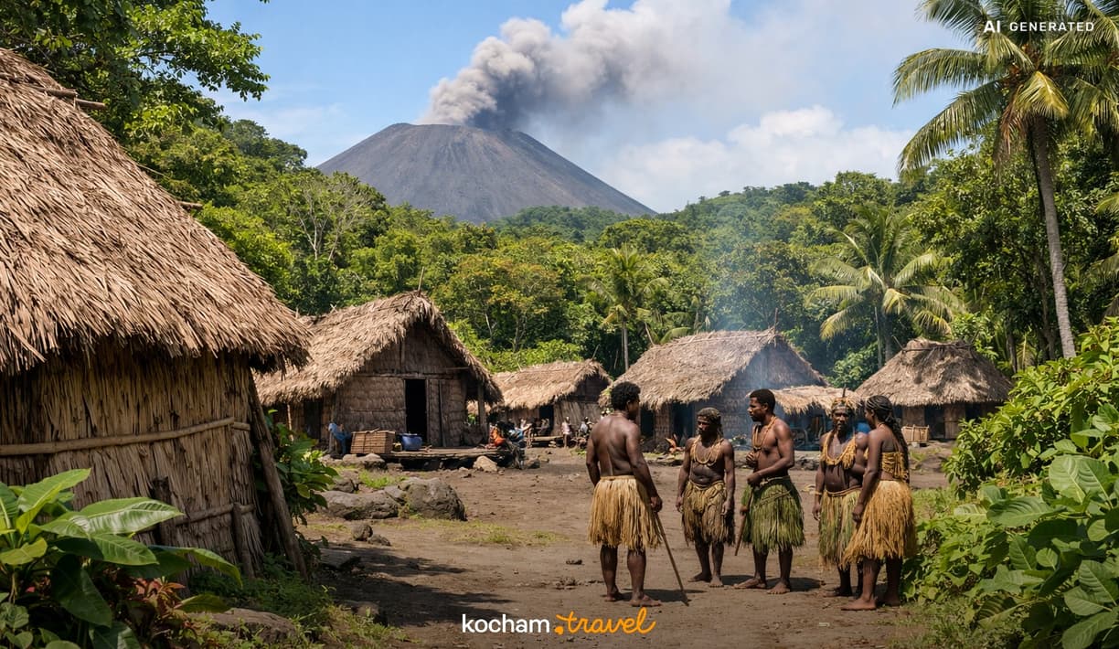 Ilustracja do tematu: Gotowy pomysł na urlop w Vanuatu i odkrywanie tradycyjnych wiosek plemiennych na wyspie Tanna