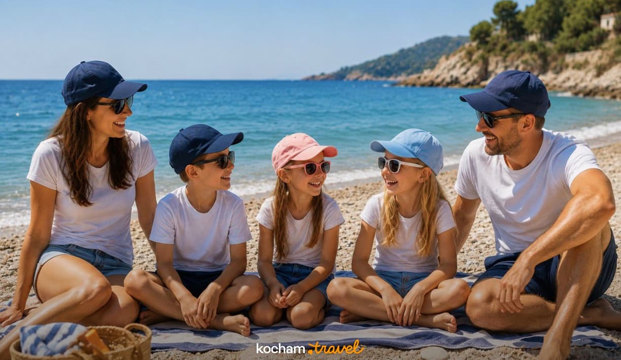 Szczęśliwa rodzina z dziećmi wypoczywa na kamienistej plaży nad morzem.
