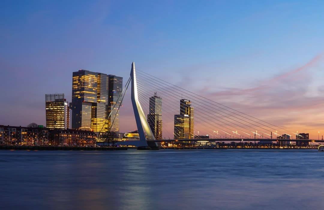 Panorama Rotterdamu: Most Erasmusa, nowoczesne wieżowce, rzeka o zachodzie słońca.