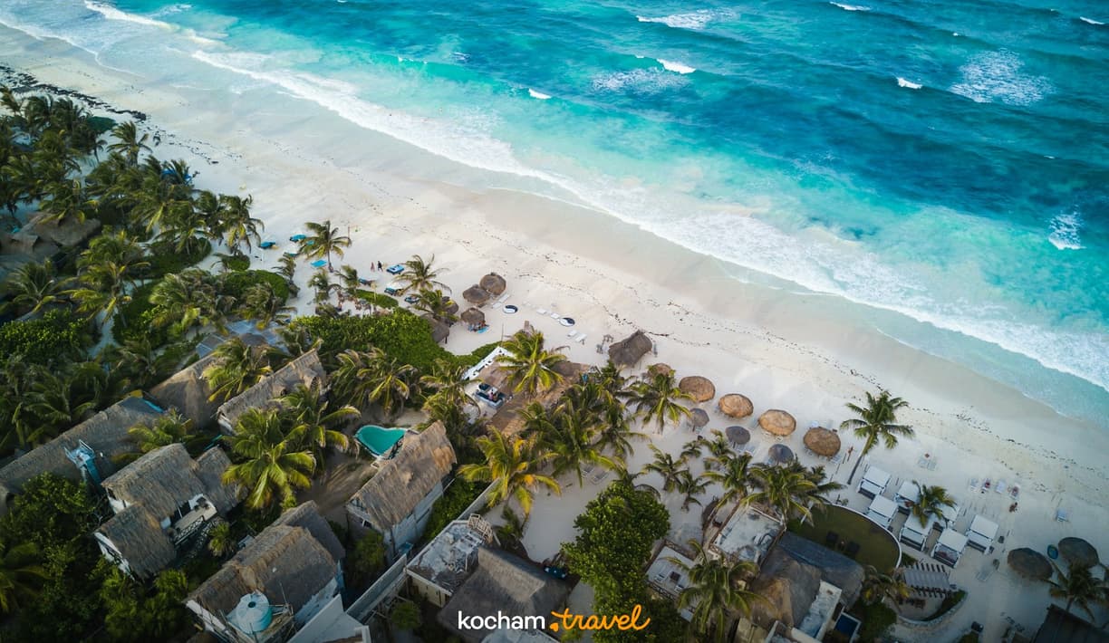 Tropikalna plaża z palmami i bungalowami nad turkusowym oceanem.