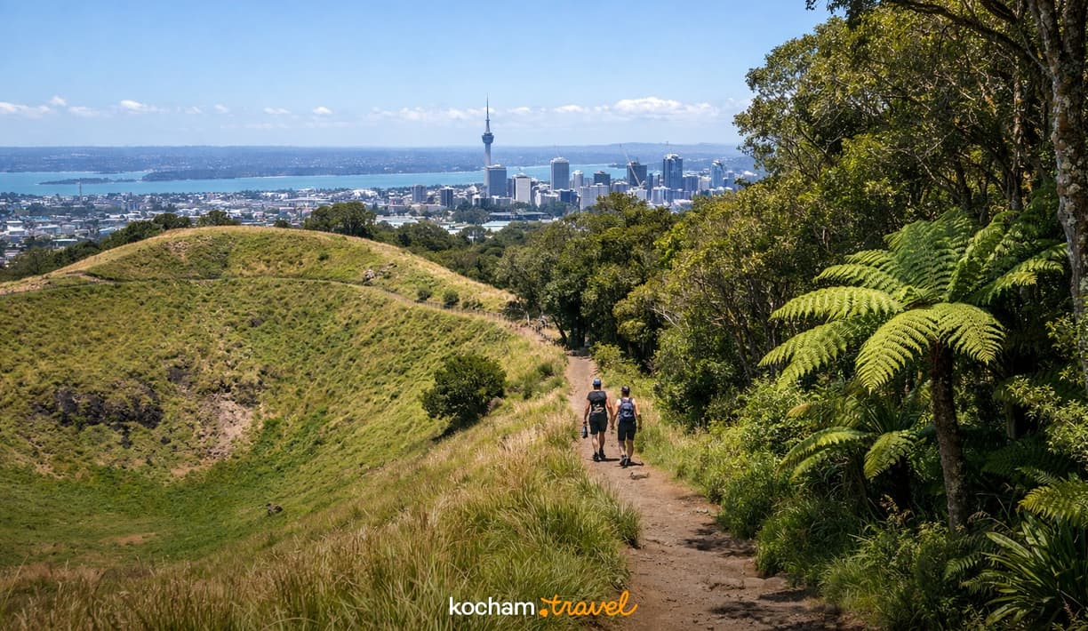 Ilustracja do tematu: Gotowy pomysł na aktywny urlop w Auckland: trekking po wulkanach i lasach deszczowych Nowej Zelandii.