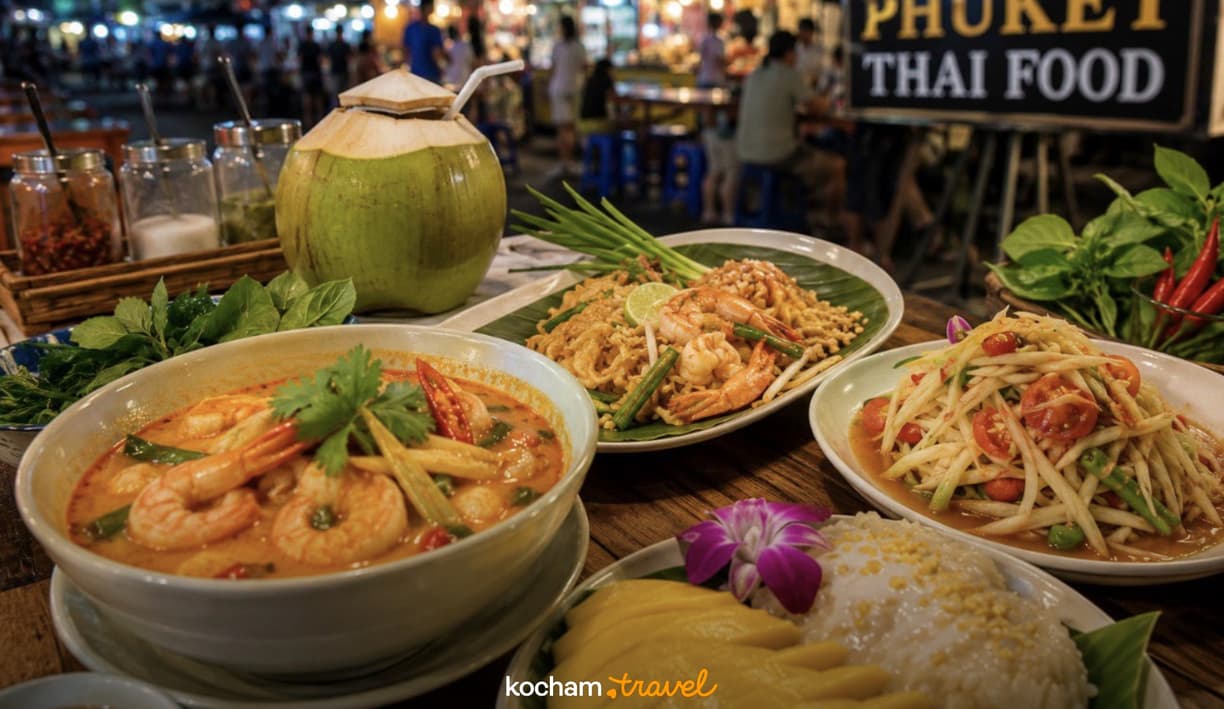 Uliczne jedzenie z Phuket: Tom Yum, Pad Thai, sałatka, kokos.