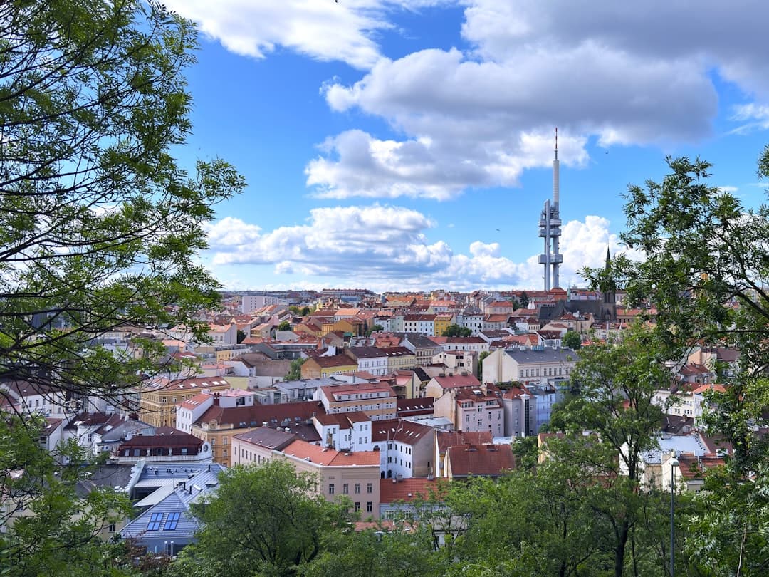 Panorama Pragi z wieżą telewizyjną Žižkov i licznymi budynkami.