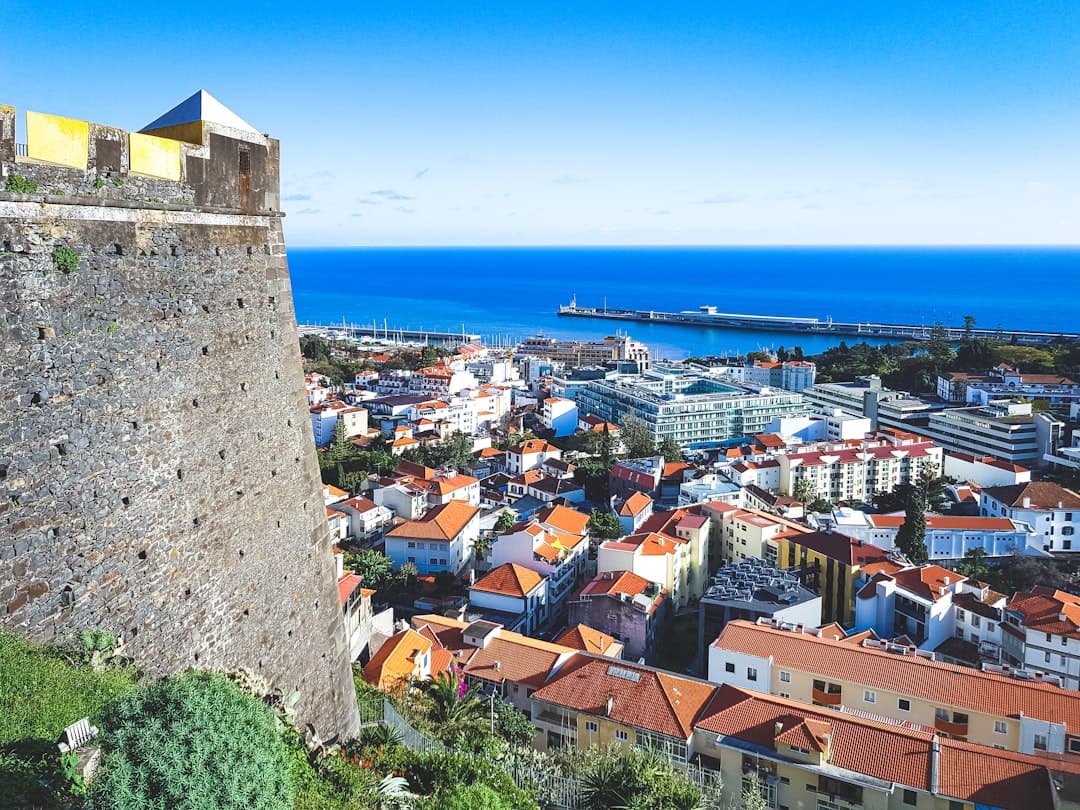 Panoramiczny widok na Funchal, historyczny fort, ocean i port.