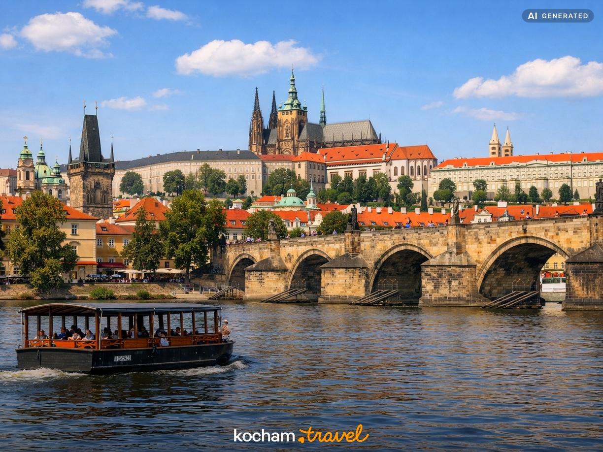 Praga z dołu – z poziomu Wełtawy w Praga