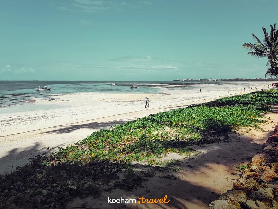 Słoneczna tropikalna plaża, ocean, łodzie, spacerujący ludzie, palmy.
