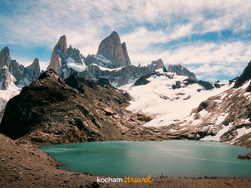 Góry Fitz Roy, turkusowe jezioro, ośnieżone szczyty, patagoński krajobraz.