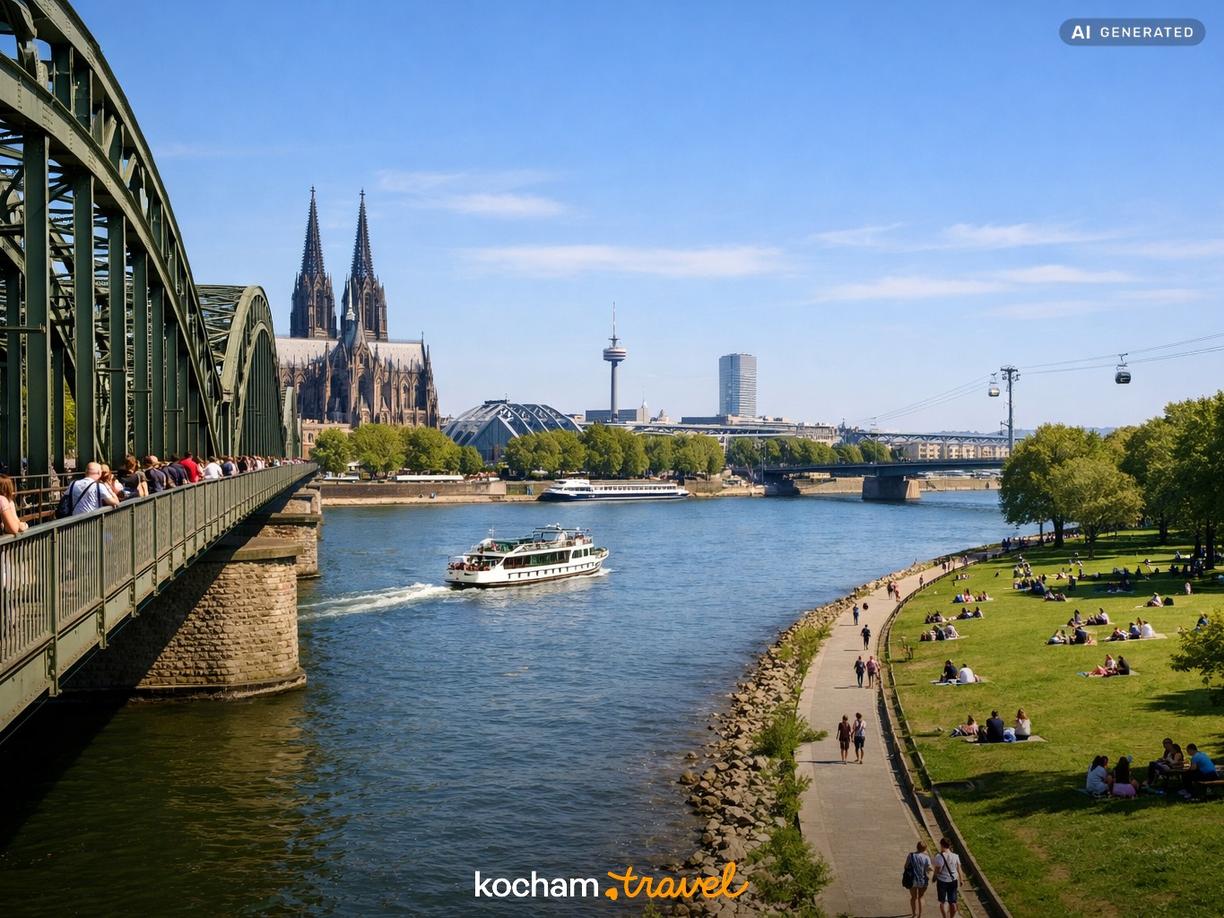 Widoki z mostu Hohenzollernów i relaks w Rheinpark w Kolonia