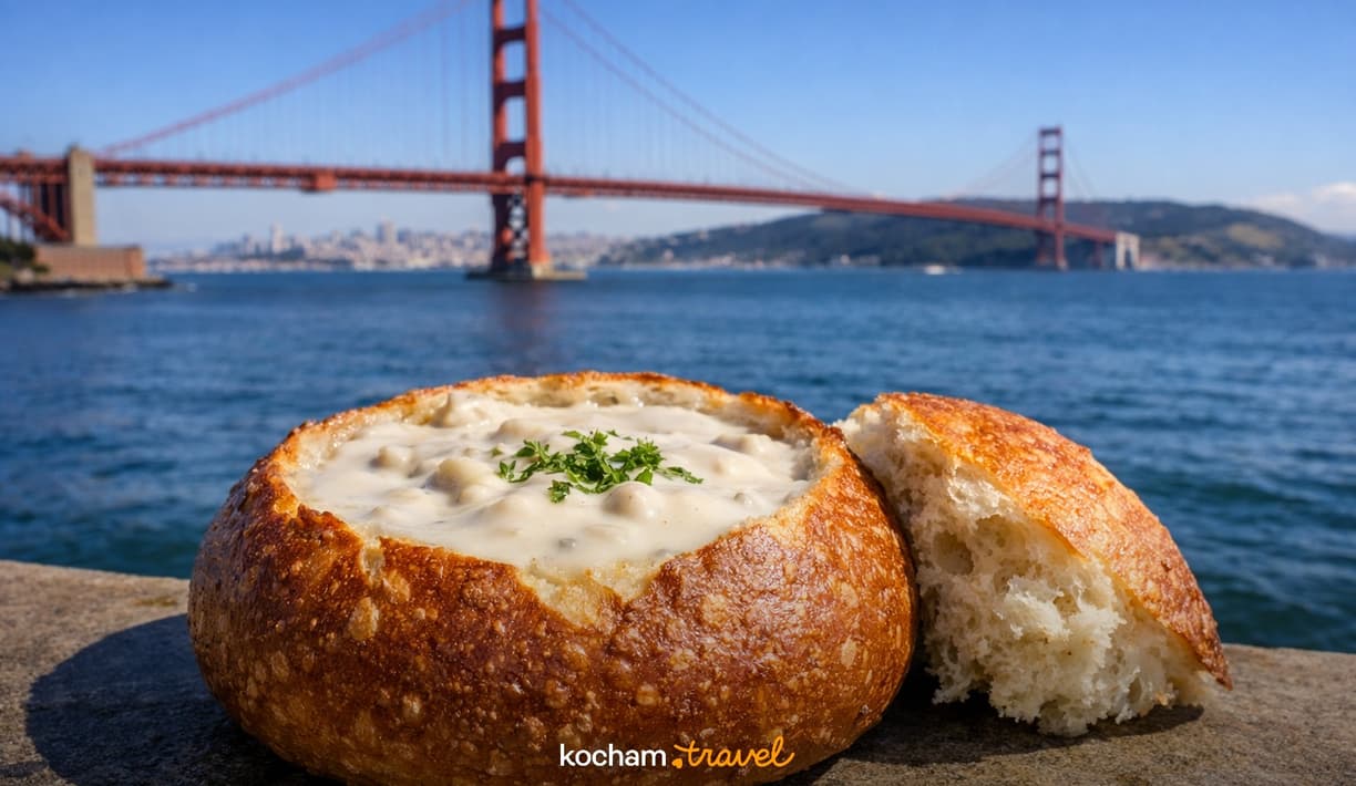 Ilustracja do tematu: Stany Zjednoczone. Słynny chleb na zakwasie i clam chowder jako kulinarne symbole San Francisco