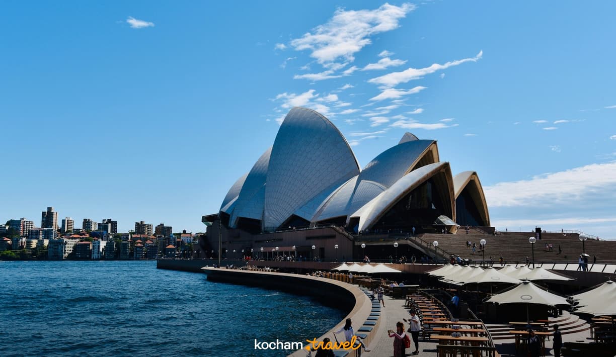 Opera w Sydney, błękitne niebo, nabrzeże z restauracjami.