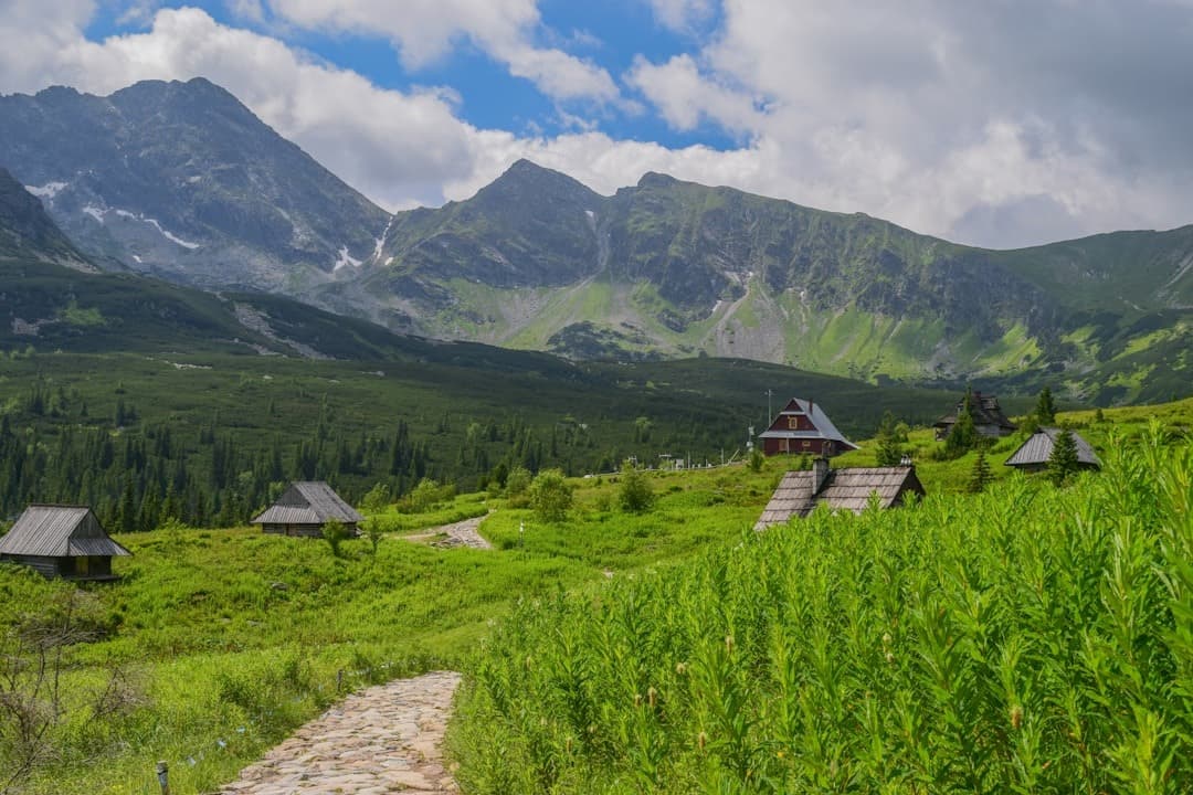 Malownicza górska dolina z drewnianymi chatami i kamiennym szlakiem.